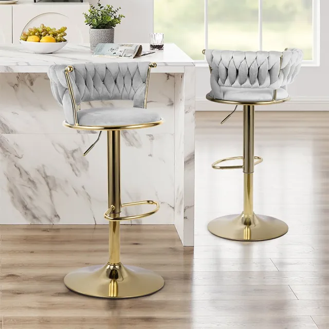 hawthyhome Barstoelen Set van 2, In Hoogte Verstelbaar en Draaibaar, Barstoel met Rugleuning, Fluwelen Zitting, Met Voetensteun, Keuken Barstoelen,Lichtgrijs