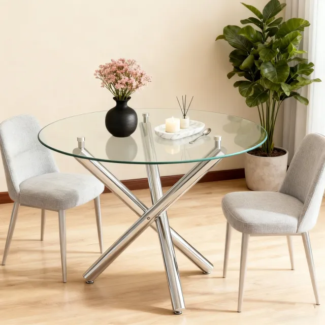 OKWISH Eettafel - Ronde Glazen Tafel - 80 x 80 x 76 cm - Voor 2 Tot 4 Personen - Zilverkleurig Metaal En Transparant Glas