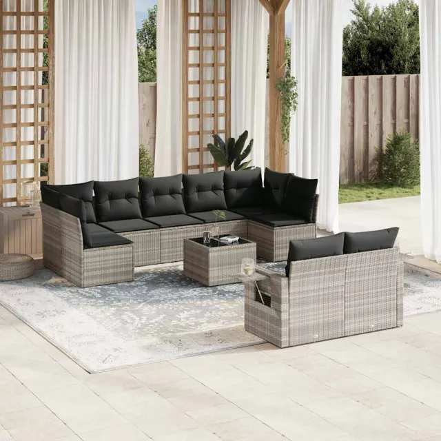vidaXL 10-delige Loungeset met kussens poly rattan lichtgrijs grijs, foto 2