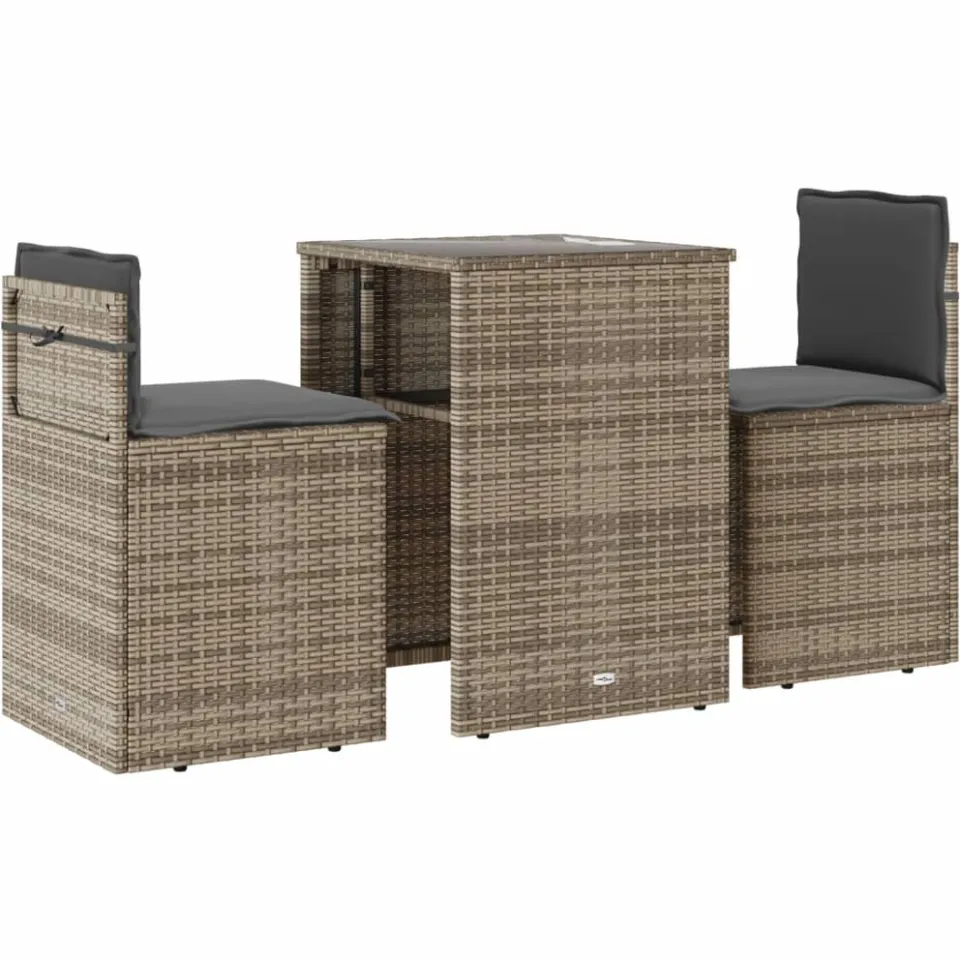 vidaXL 3-delige Bistroset met kussens poly rattan grijs, foto 3