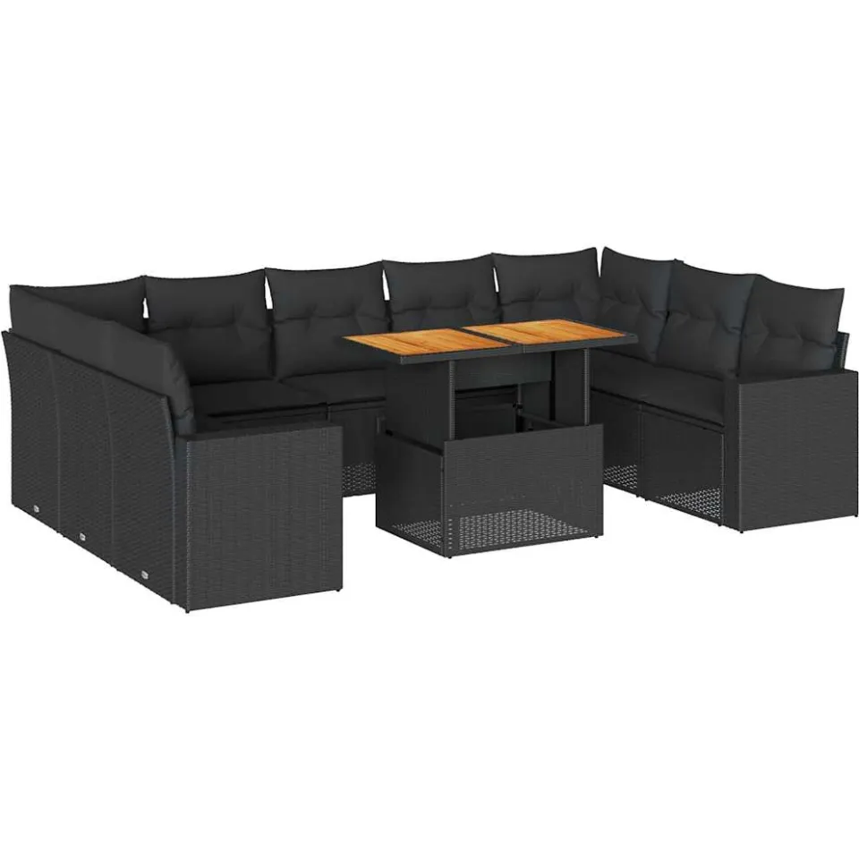 vidaXL 10-delige Loungeset met kussens poly rattan zwart, foto 3