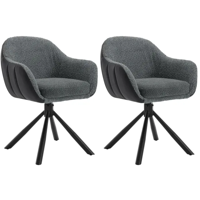 Cozy Cottage® Set van 2 Gestoffeerde Draaibare Keukenstoelen – Ergonomische Designer Eetkamerstoelen met Armleuningen – Comfortabele Lounge Stoelen voor Woonkamer, Eetkamer & Restaurant - Velvet met Bouclé Stof - Grijs Donkergrijs