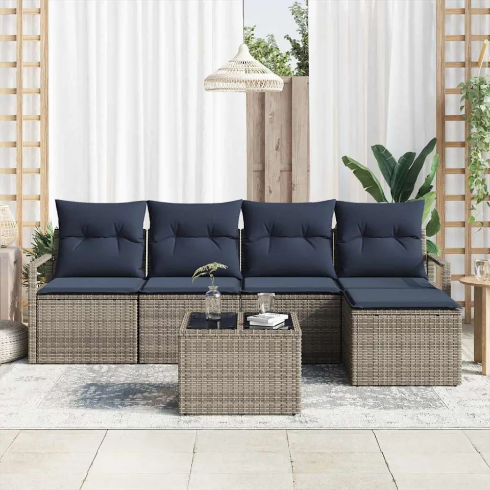vidaXL Bankstel met kussen 6 pcs Grijs poly rattan, foto 3