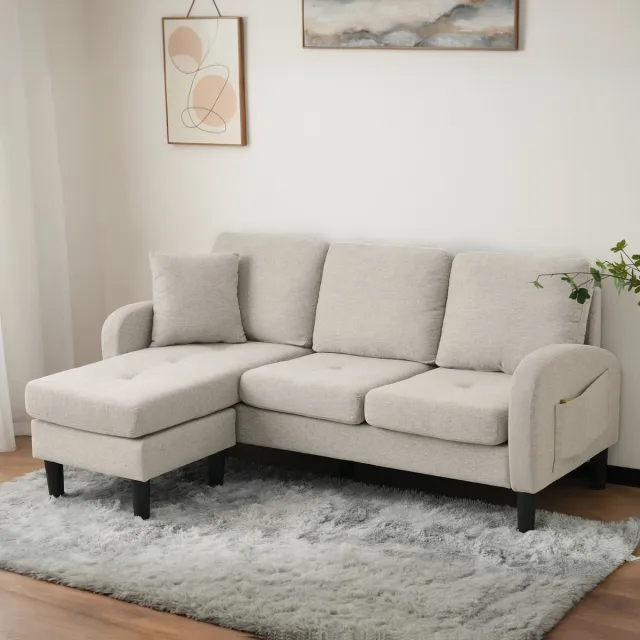 Zubaliya L-bank ,hoekbank met chaise longue - compacte 3-zitsbank - 166x118x77 cm - katoen-linnen bekleding - modulair op te stellen - ideaal voor kleine ruimtes Beige