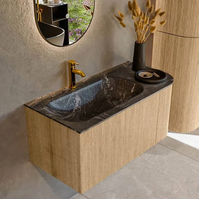 Mondiaz KURVE-DLUX 95 cm Onderkast Greeploos 1 Lade Met Deuren Oak, Wastafel Solid Surface Links Lava 1 Kraangat Zonder Spiegel (KRVBGS95R1L1D1KL-Oak/Lav)