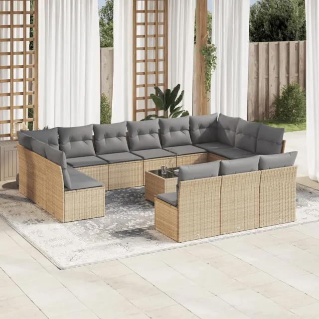 vidaXL 14-delige Loungeset met kussens poly rattan beige, foto 2