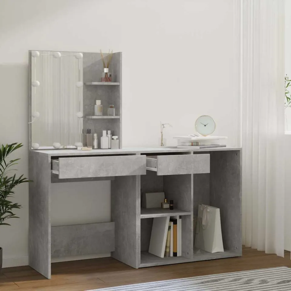 vidaXL Kaptafel met kastje en LED's bewerkt hout betongrijs grijs, foto 3