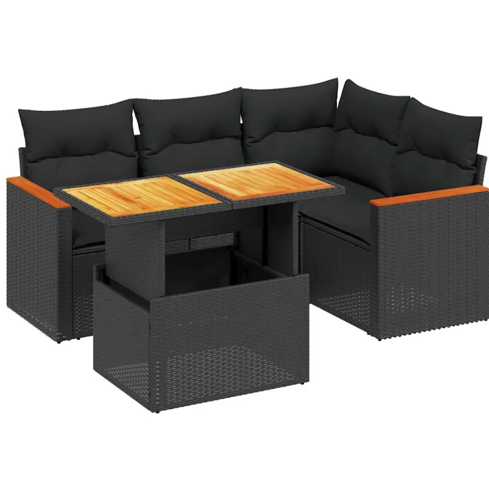 vidaXL 5-delige Loungeset met kussens poly rattan zwart, foto 3