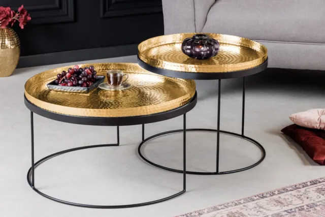 Invicta Interior Set van 2 ronde salontafels ELEMENTS 60cm goud zwart metalen dienblad tafel bijzettafel handgemaakt - 42730 Zie omschrijving