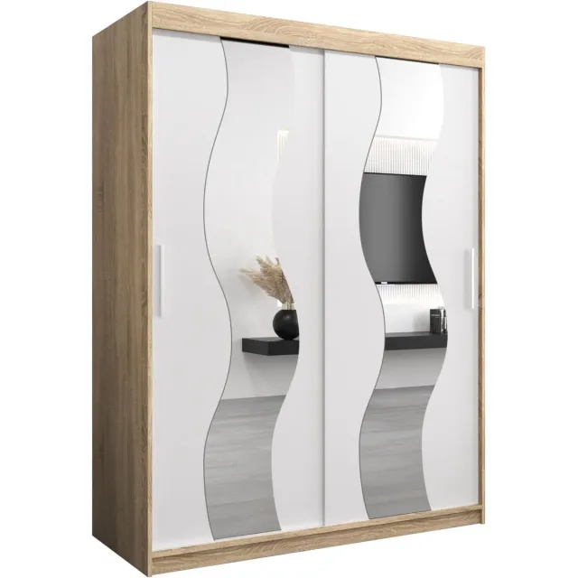 InspireME Kledingkast met 2 schuifdeuren, Modern-stijl, Een kledingkast met planken en een spiegel (BxHxD): 150x200x62 - REESE 150 Sonoma Eik + Wit Mat