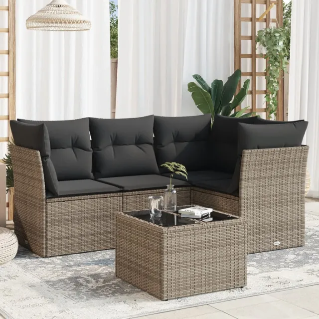 vidaXL 5-delige Loungeset met kussens poly rattan grijs, foto 2
