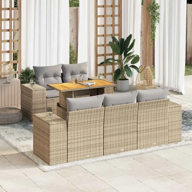 vidaXL 6-delige Loungeset met kussens poly rattan beige, foto 2