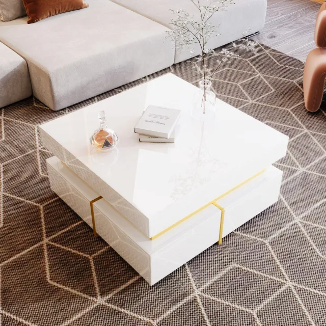 Gutent Salontafel, Wit, Salontafel, Hoogglans Woonkamertafel, Bijzettafel met gouden accenten