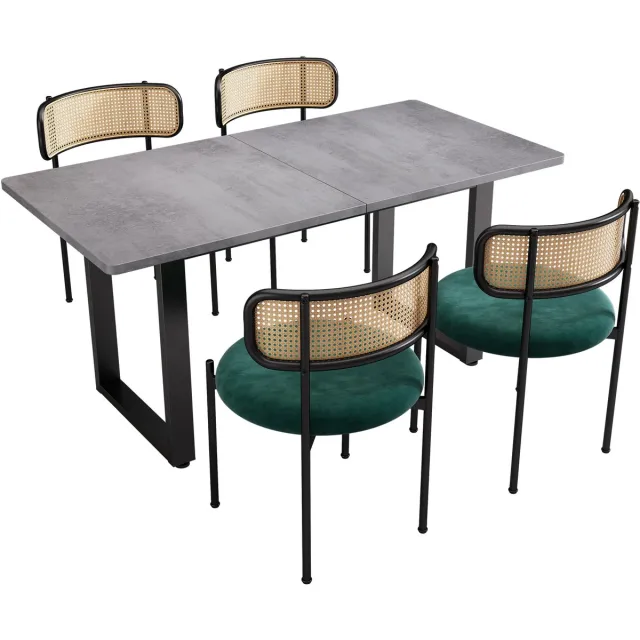 Zubaliya Eettafel Set 5 Delig - Industriële Eettafel Met 4 Velvet Stoelen - Moderne Eetkamerset Met Rotan Rugleuning En Metalen Poten Voor Keuken En Woonkamer - Zwart Grijs
