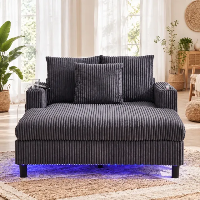 WUVRIE Chaise longue 142x128 cm - LED, USB en bekerhouders - Donkergrijs