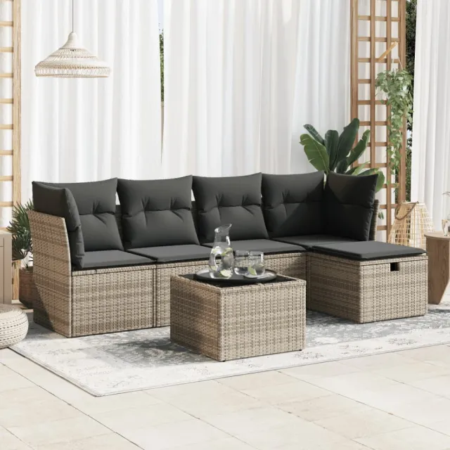 vidaXL 6-delige Loungeset met kussens poly rattan grijs, foto 2
