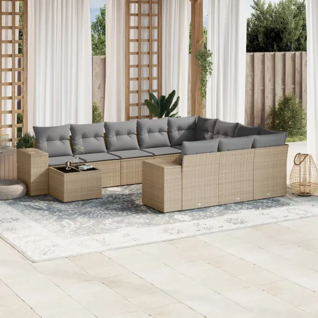 vidaXL 11-delige Tuinset met kussens poly rattan beige, foto 2