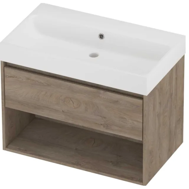 Proline Podium Badmeubelset Polystone Loft Zonder Kraangat Met Schap 80x46x62 cm Mat White Raw Oak Eiken