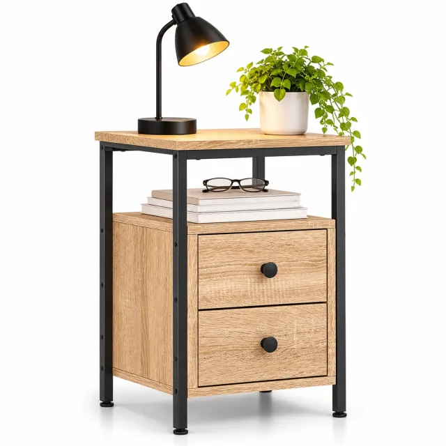 Stars Nachtkastje met 2 Lades – 34 x 35,5 x 50 cm – Sonoma Eiken – Industrieel Nachtkastje met Zwart Metalen Frame – Nachttafel met Open Opbergvak – Bijzettafel voor Slaapkamer bruin