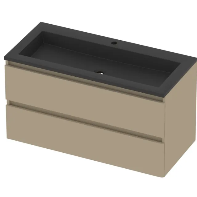 Basic-Line Aura 46 Badmeubelset Acryl 1 Kraangat Greeploos 100x46x54 cm Mat Beige Mat Zwart