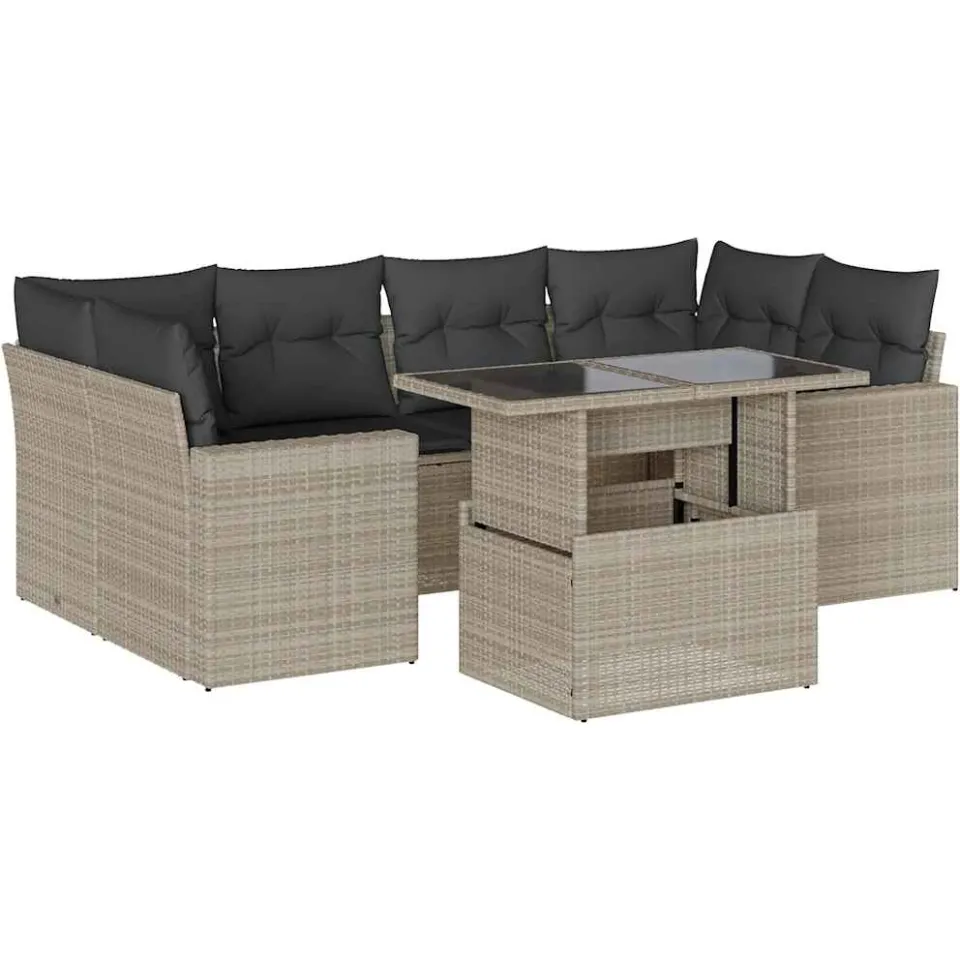 vidaXL 7-delige Loungeset met kussens poly rattan lichtgrijs grijs, foto 3
