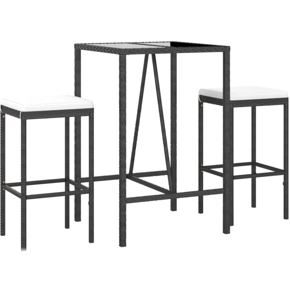 vidaXL 3-delige Tuinbarset met kussens poly rattan zwart