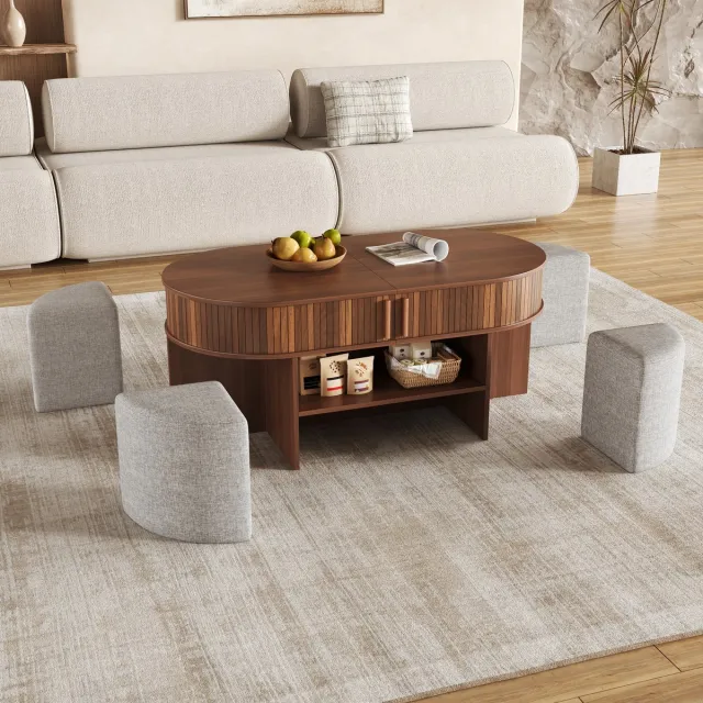 OKWISH Salontafel – Ovaal Met Opbergruimte En Stoffen Hockers – 120x60x51,5 cm – 2 Schuifdeuren – MDF En Spaanplaat Walnut Walnoot