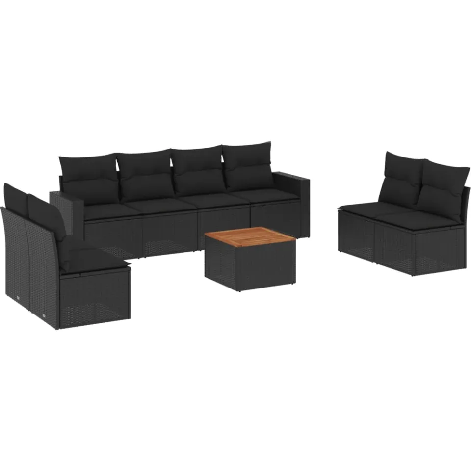 vidaXL 9-delige Loungeset met kussens poly rattan zwart, foto 3