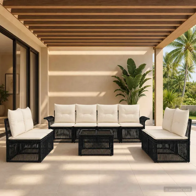 vidaXL Tuinbankenset 9 st 8-zits Zwart poly rattan, foto 2
