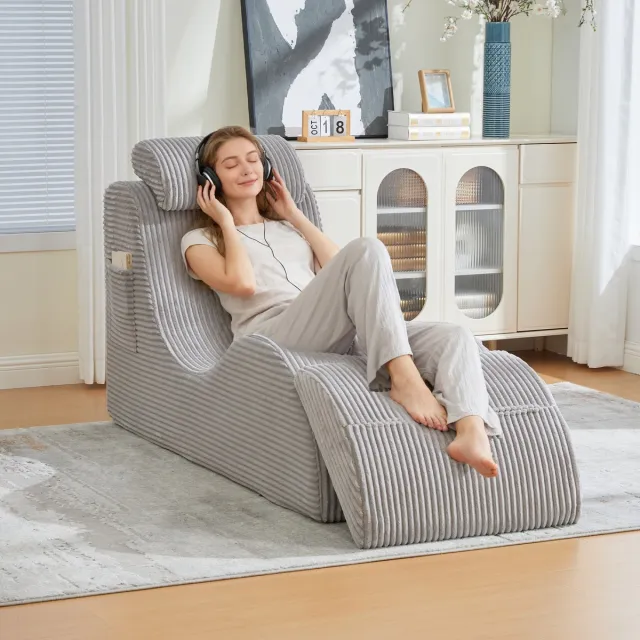 OKWISH Fauteuil – Ergonomisch 1-Zits Ontwerp – Ribstof – Lichtgrijs – Met Verstelbaar Hoofdkussen En Zijvak – Snelle Terugvering