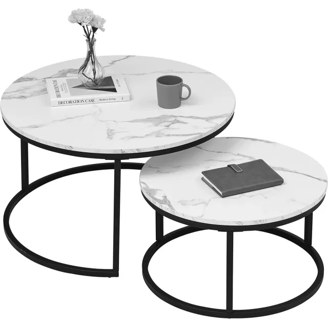 NaevaMi Salontafel Set - Salontafels - Salontafel Rond - Salontafel Zwart Onderstel - Wit Marmerlook Blad - 2in1 Combinatie - 80cm en 60cm