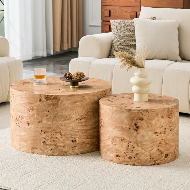 HAUSS SPOLE Salontafelset 2 Delige Ronde Nesttafels Met Opbergruimte Houtlook MDF Afneembaar Deksel Voor Woonkamer 62,8 Cm En 44 Cm Wood