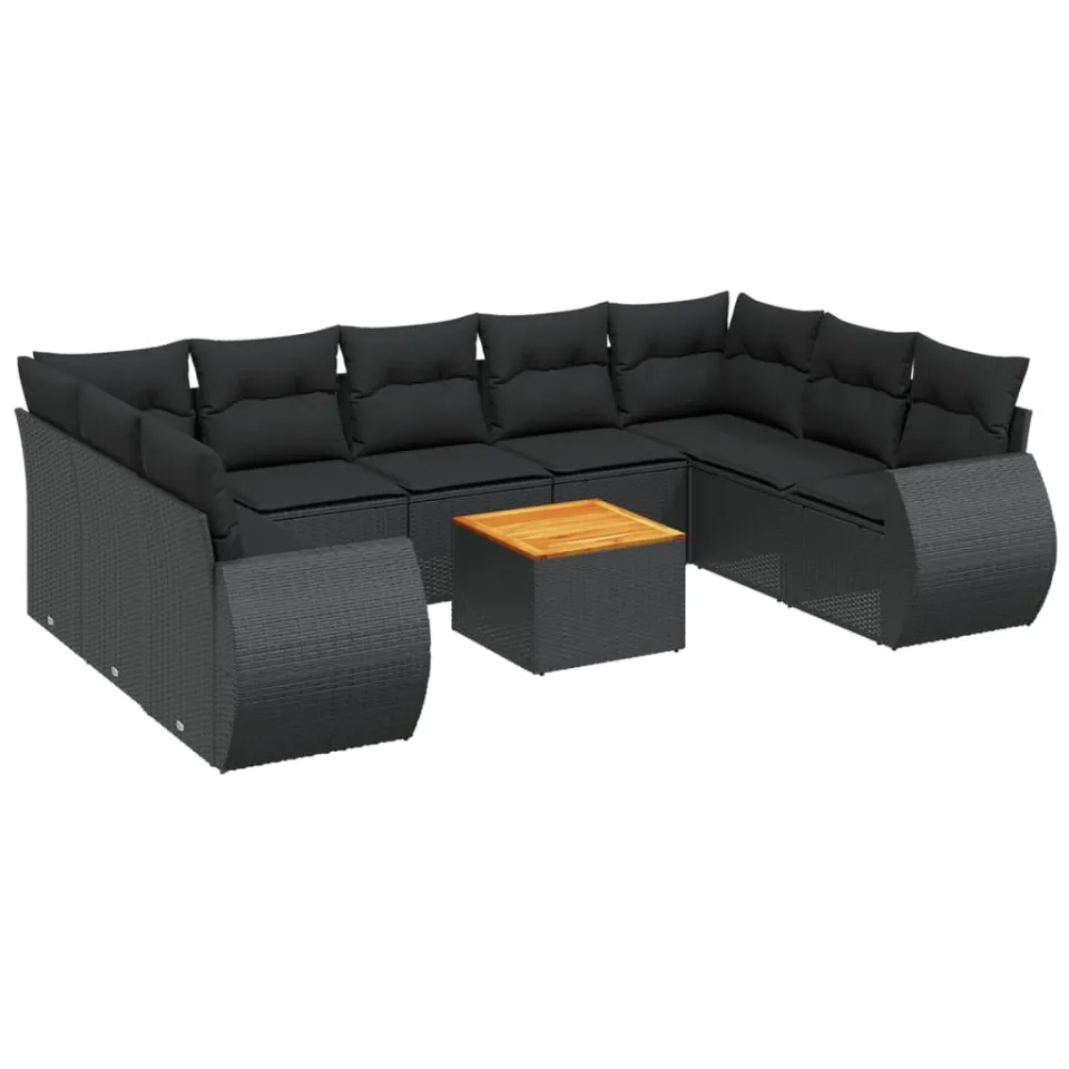 vidaXL 10-delige Loungeset met kussens poly rattan zwart, foto 3