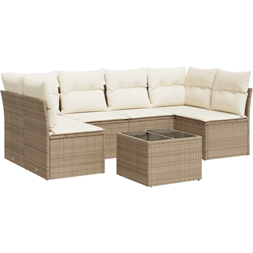 vidaXL 7-delige Loungeset met kussens poly rattan beige, foto 3