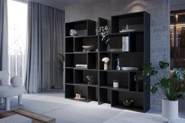 Meubel Square Boekenkast DIAMOND 2 - set van 2 - Zwart - 186x240x32 cm - Groot opbergkast - Tweedelig uitschuifbare rek