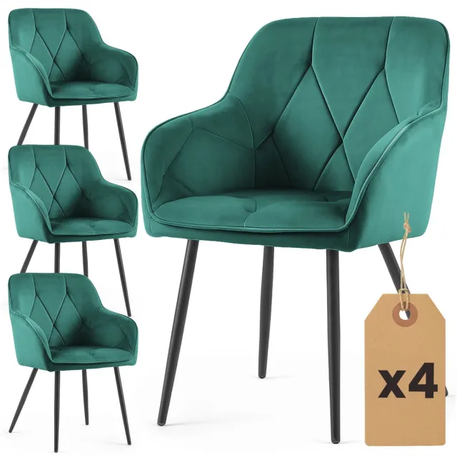 Akord Set van 4 Eetkamerstoelen DIAMANTE met Armleuningen / Gestoffeerde Stoelen / Fluwelen Stoelen en Metalen Poten / Flesgroen met zwarte benen