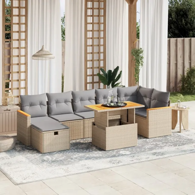 vidaXL 8-delige Loungeset met kussens poly rattan beige, foto 2