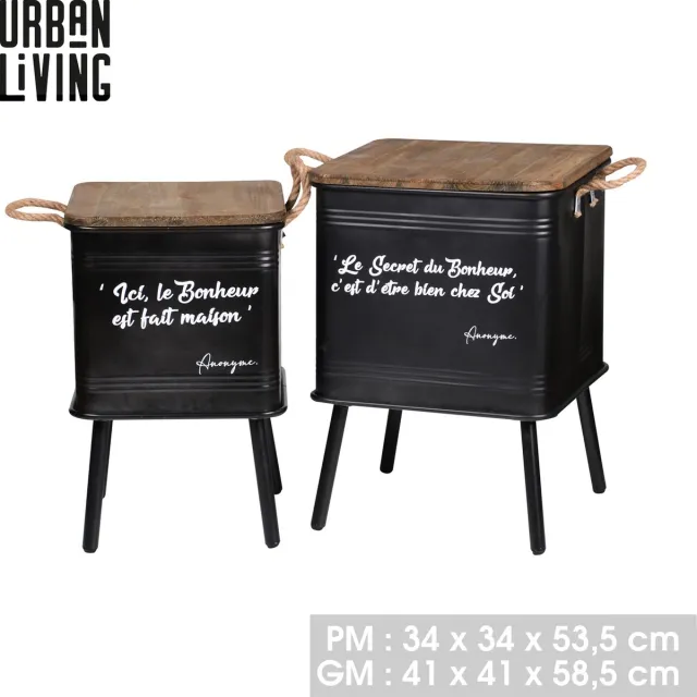 Urban Living "LOFT & METAL" Set van 2 metalen opbergtafels met metalen onderstel en touwgrepen - zwart Zwart met natuurlijk houten blad