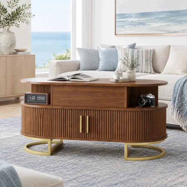 MODENUIT Salontafel - Verstelbaar Blad En Schuifdeuren - Woonkamer - Walnootkleurig MDF - 100x50x64 Cm