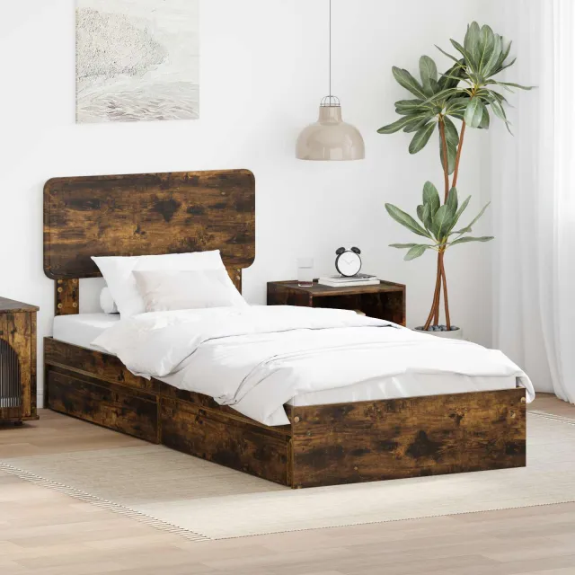 vidaXL Opslag bed met lade Gerookt eiken 90 x 200 cm Bewerkt hout Bruin