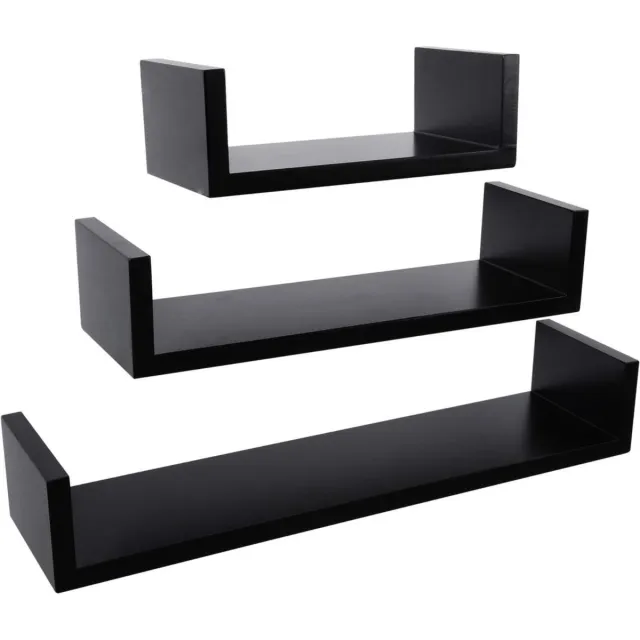 Happyment Zwevende Boekenplank - Wandplank voor tegen de muur - Set van 3 - Wandplanken - Wandrek - Fotoplank kinderkamer - Zwart - Hout MDF