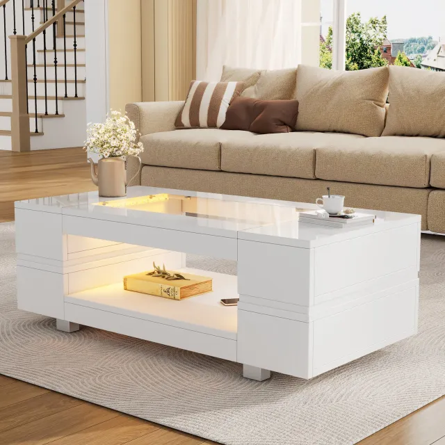 CHICFURN Salontafel 100 cm - LED-verlichting via app - 2 niveaus - Wit