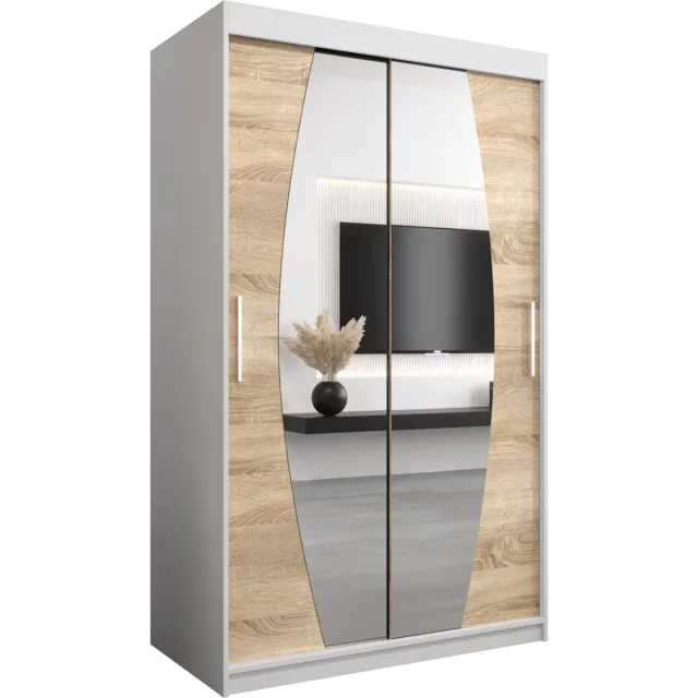 InspireME Kledingkast met 2 schuifdeuren, Modern-stijl, Een kledingkast met planken en een spiegel (BxHxD): 120x200x62 - GLOBE 120 Wit Mat + Sonoma Eik met 2 lades