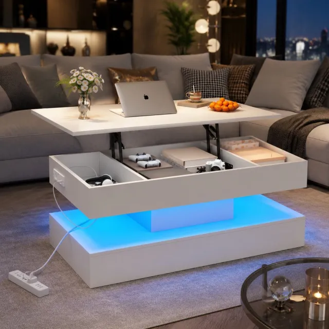 MEUNIQ Salontafel 100 x 50 x 42 cm met hydraulisch verstelbaar blad, verborgen opbergruimte, app-bedienbare ledverlichting en stopcontacten, woonkamer, wit