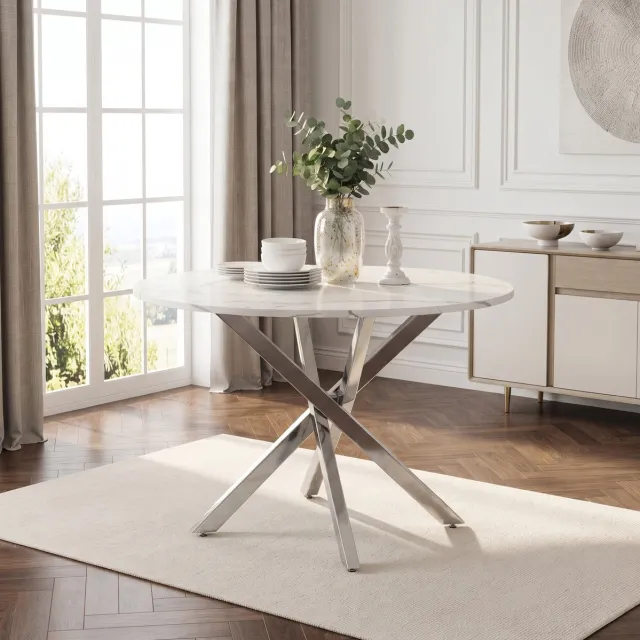MODFU Ronde Eettafel - Marmerlook - Modern - Wit En Zilver - Ø 80 Cm