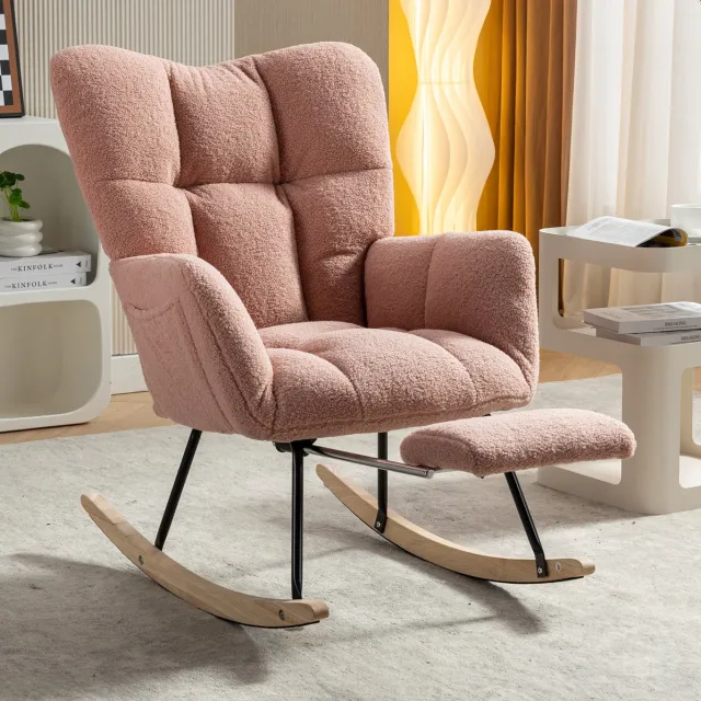 COVREO Schommelstoel Fauteuil 70 x 98,5 cm - roze, met voetensteun en armleuningen Pink