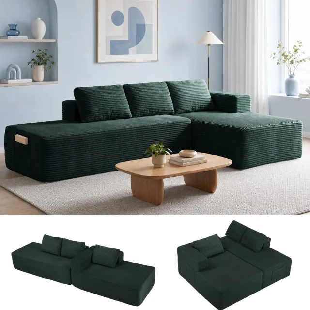 COMHOMA Hoekbank 255 cm - Corduroy L-vorm met Slaapfunctie - Groen-L