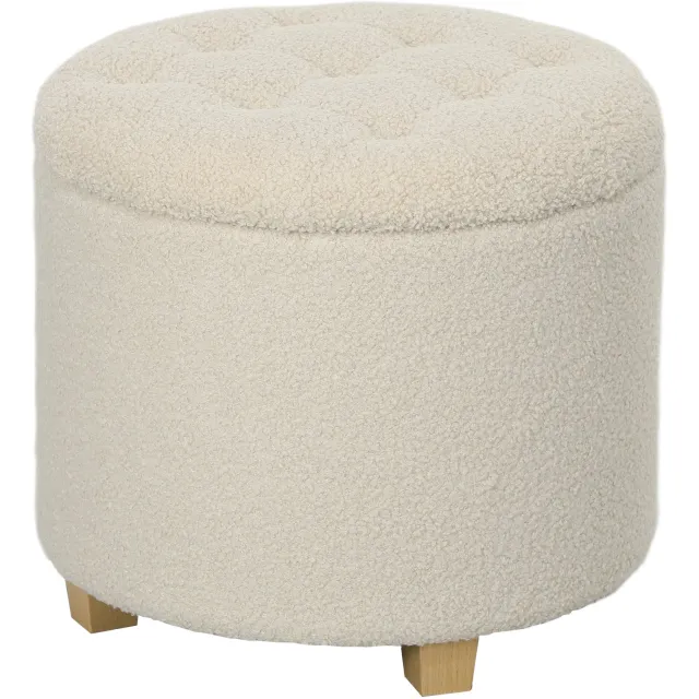 Homona Ronde opbergpoef - Met deksel en houten poten - 40,5 liter - Ø45 x 41 cm - Crèmewit