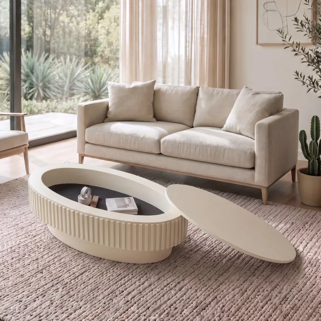 MODFU Salontafel - Ovaal Met Verborgen Opbergruimte - Modern - MDF - Crème - 98 x 60 x 35 cm
