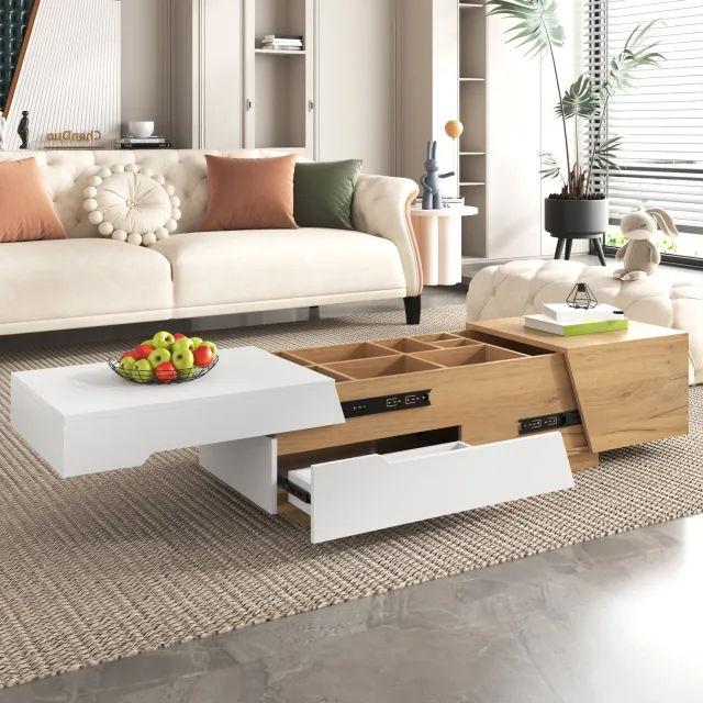 Maisentiel Salontafel met schuifbaar blad en 2 lades - 120 x 50 x 37,5 cm - wit en houtkleur